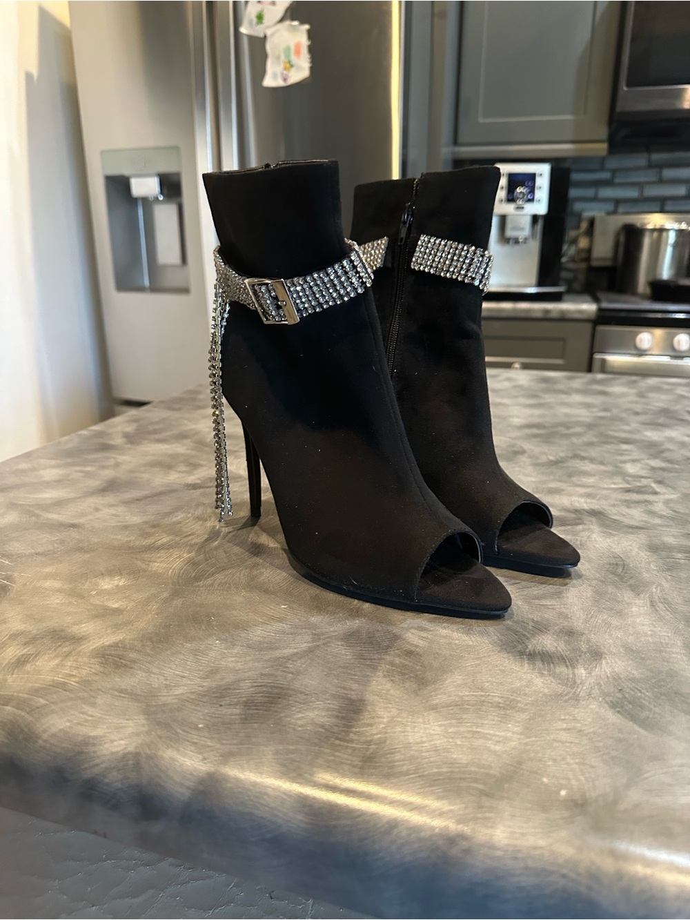 Black Rhinestone-Ankle Peep-Toe Stiletto Booties